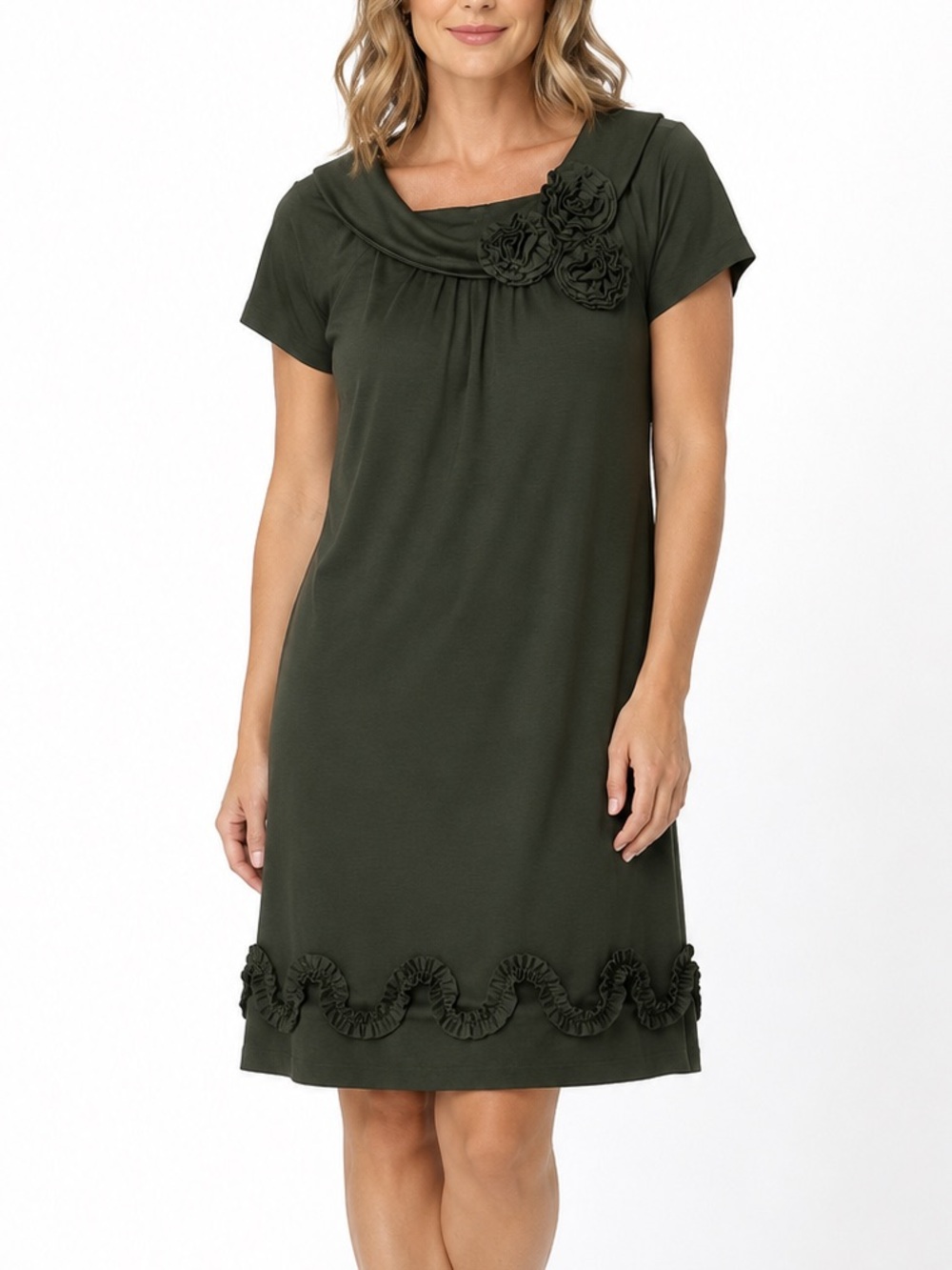 R&M Richards Green Rosette Shift Dress Size 14 Floral Applique Knee Length